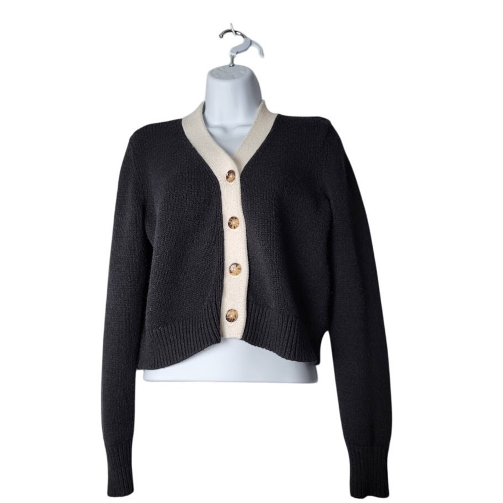 Philosophy Cropped Knit Cardigan M Black‎ White Trim Preppy Dark Academia